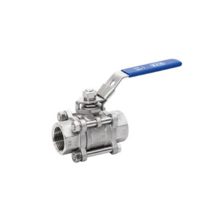 VALVOLA A SFERA 3 PEZZI, PASSAGGIO TOTALE, DIN 3202 M3, MANIGLIA CON BLOCCAGGIO DI SICUREZZA, FILETTO F/F